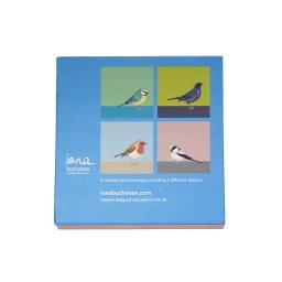 bird notelets - the back of a boxed set of 8 notelets featuring garden birds