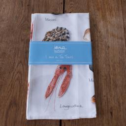tea towel with shellfish, sea shell design in packaging