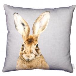 A cushion featuring a single hare looking out