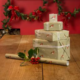 A selection of presents wrapped in a Robin & Mistletoe design wrapping paper