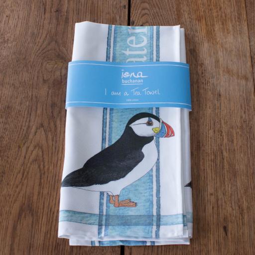 tea towel with Puffin design in packaging