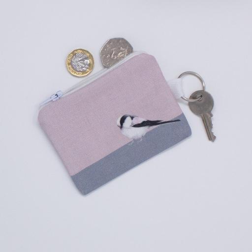 A key fob purse with a Long-tailed Tit design