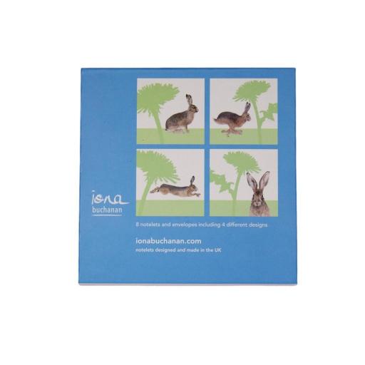 hare notelets - the back of a boxed set of 8 notelets featuring a hare