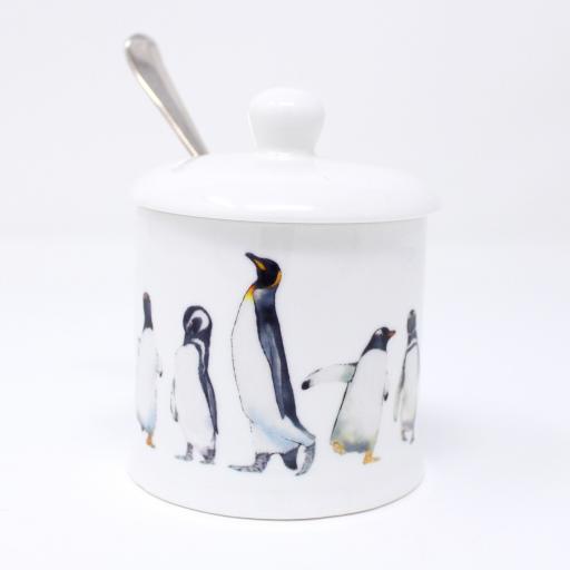 Penguin parade jam pot with lid and indent for tea spoon